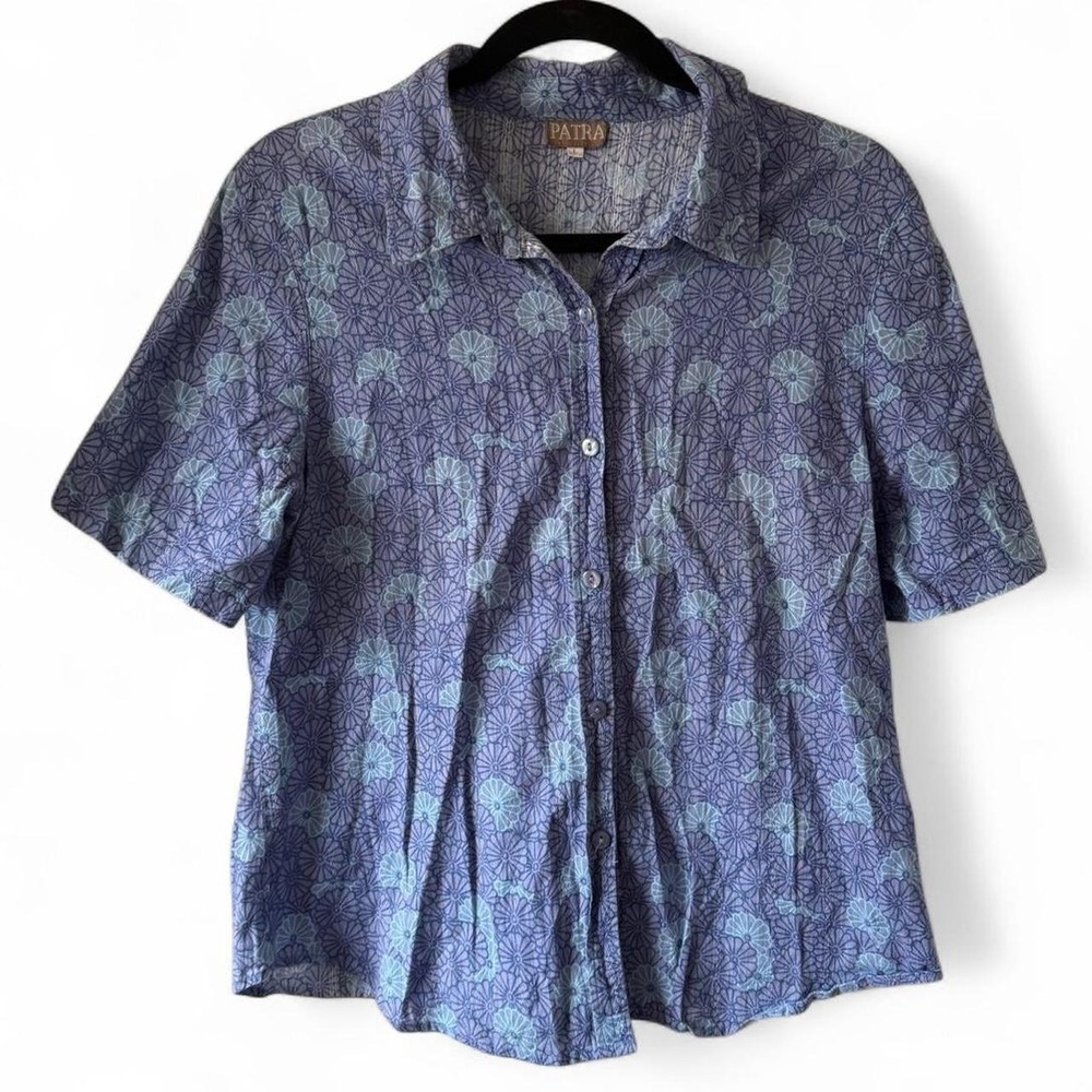 Patra Floral Print Cotton Button Up Shirt Blue Navy Short Sleeve Large